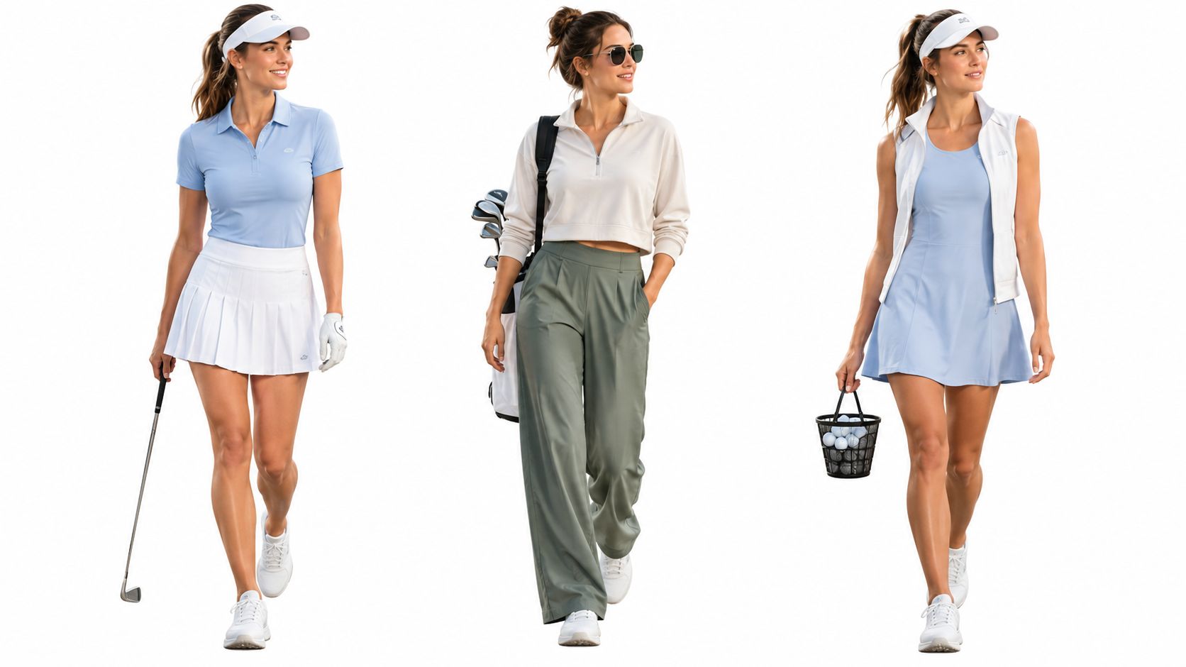 Three athletic women showcasing modern and trendy golf outfits while walking against a solid white background.