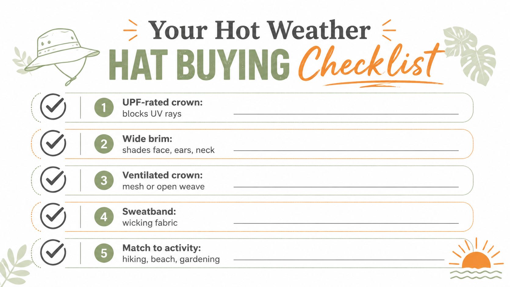 A checklist for choosing hot weather hats with five points including UPF ratings and ventilation features.