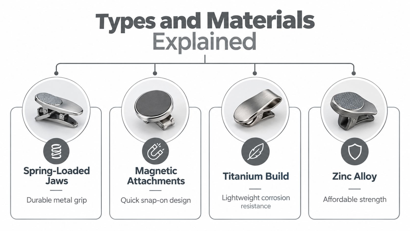 A diagram illustrating the various types and materials of golf cap clips including spring-loaded and magnetic options.