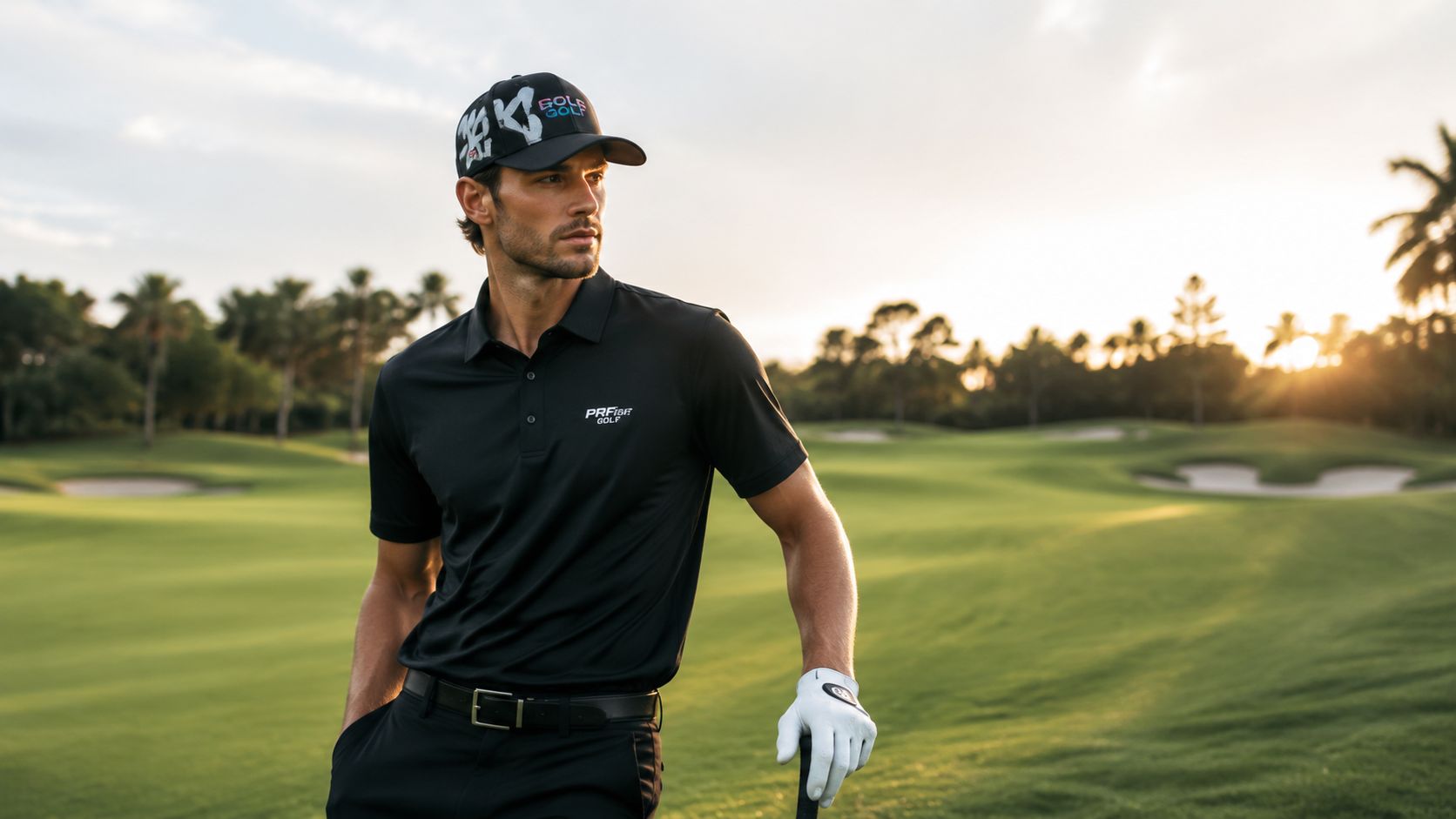 A professional golfer standing on a scenic golf course wearing a modern black polo shirt and cap.
