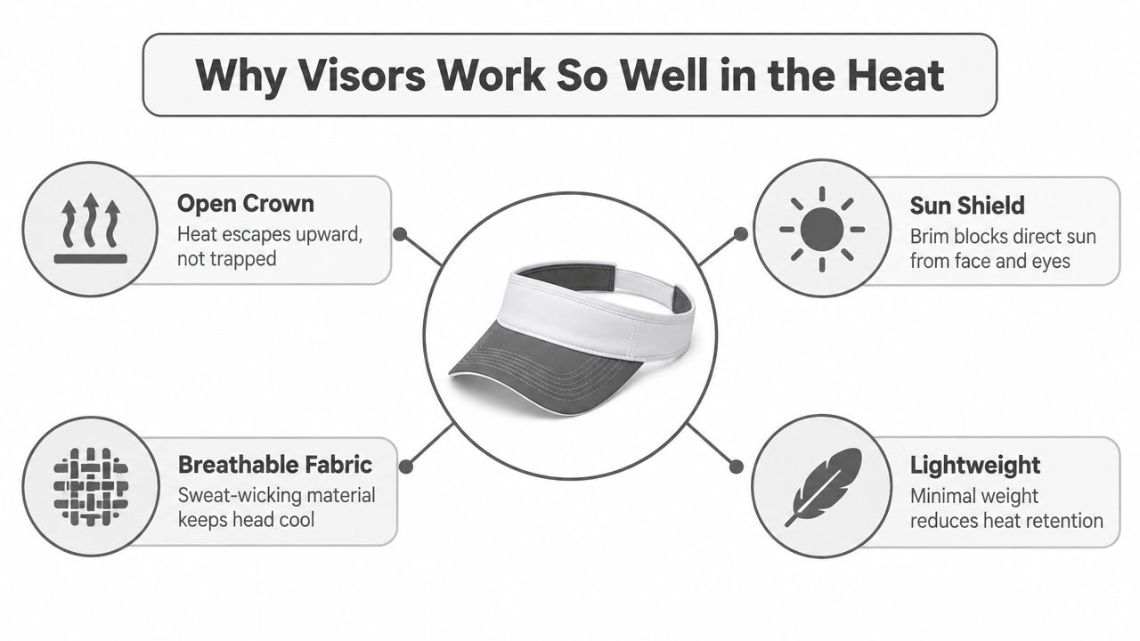 An infographic explaining why visors are effective in hot weather, highlighting features like open crown, sun protection, breathability, and lightweight design.