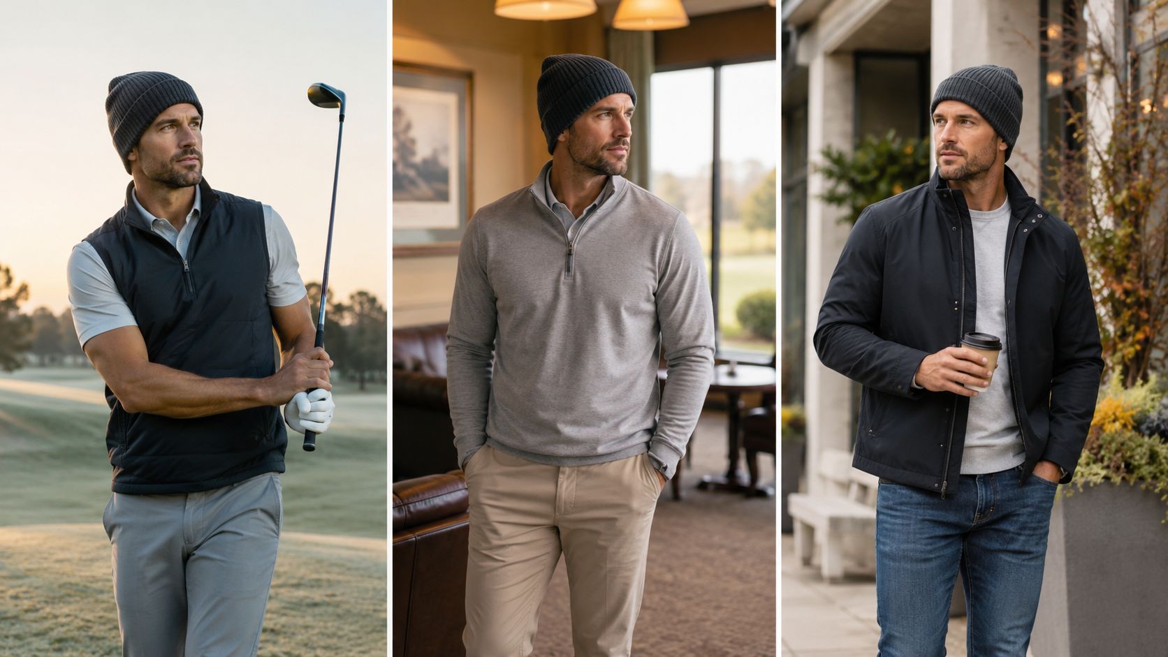 A man wearing a moisture wicking beanie in three different outfits for outdoor golf and casual wear.