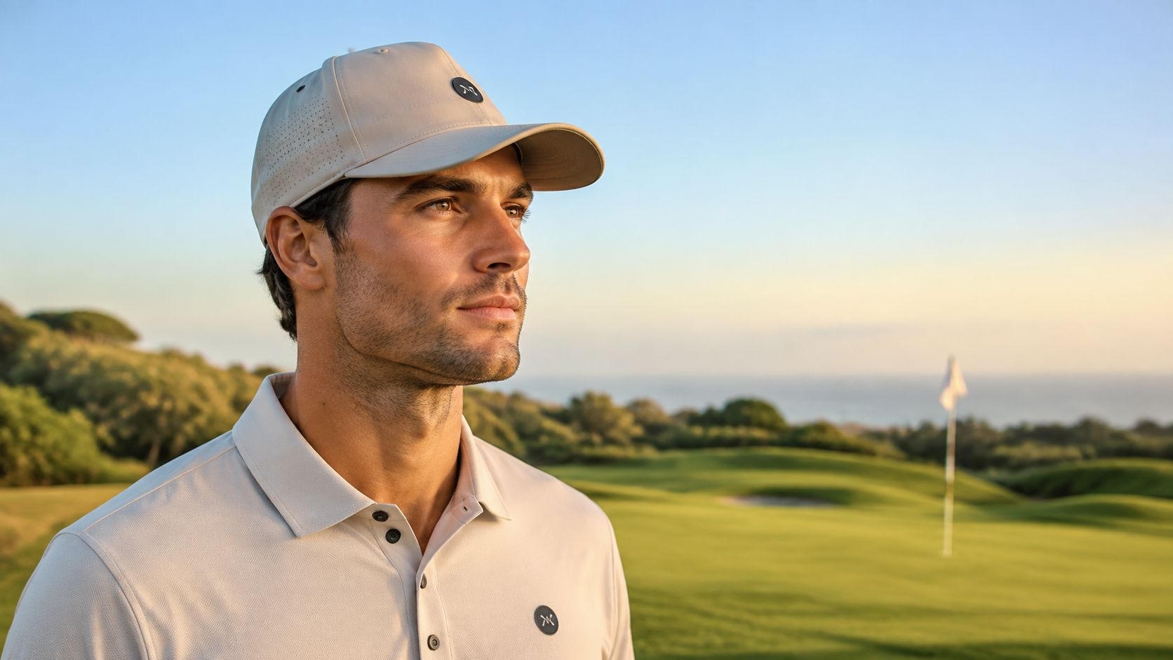 A handsome man wearing a low profile beige golf hat looking out over a golf course.