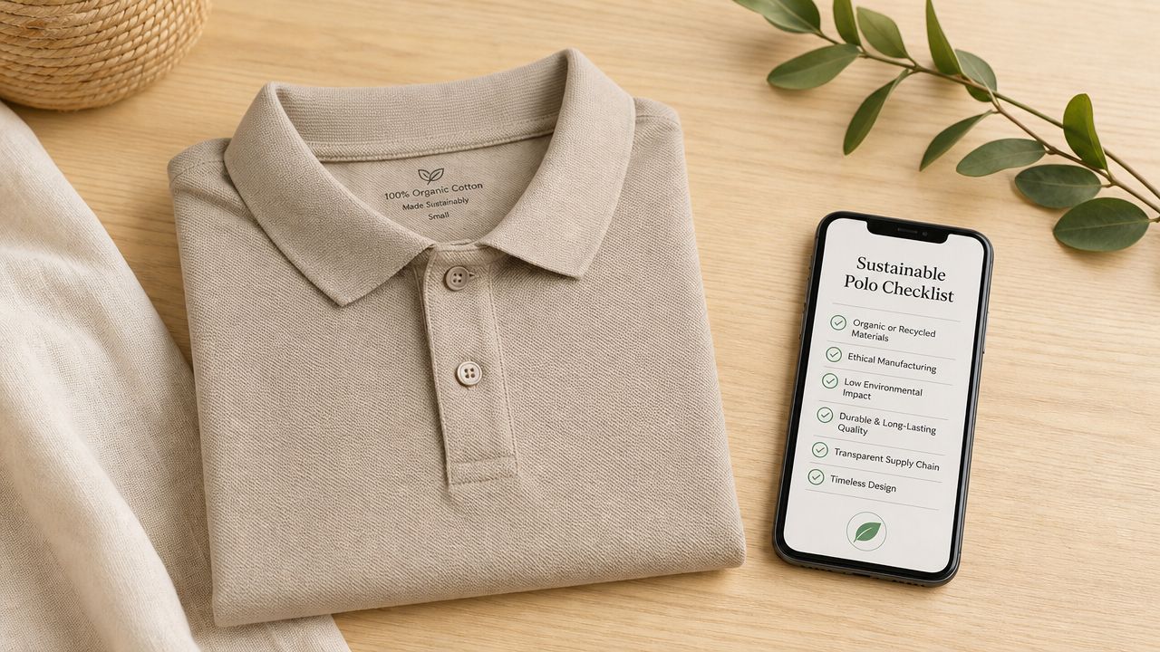 A beige organic cotton polo shirt next to a smartphone displaying a sustainable polo checklist.