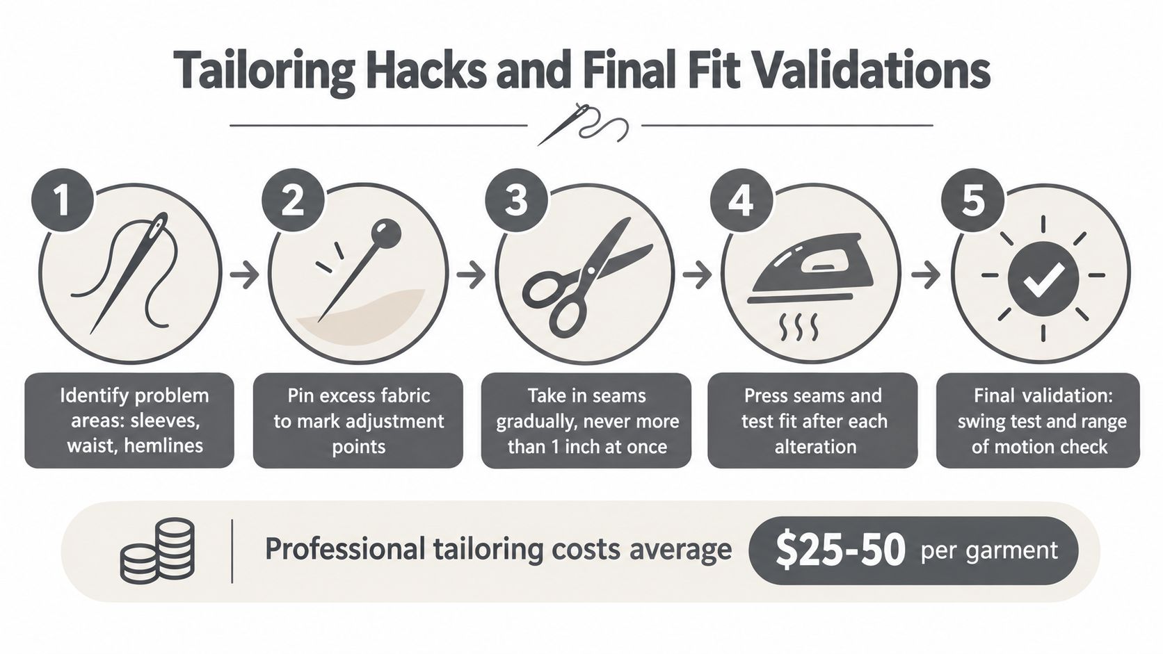 An infographic showing five steps for tailoring clothes at home and estimated professional alteration costs.