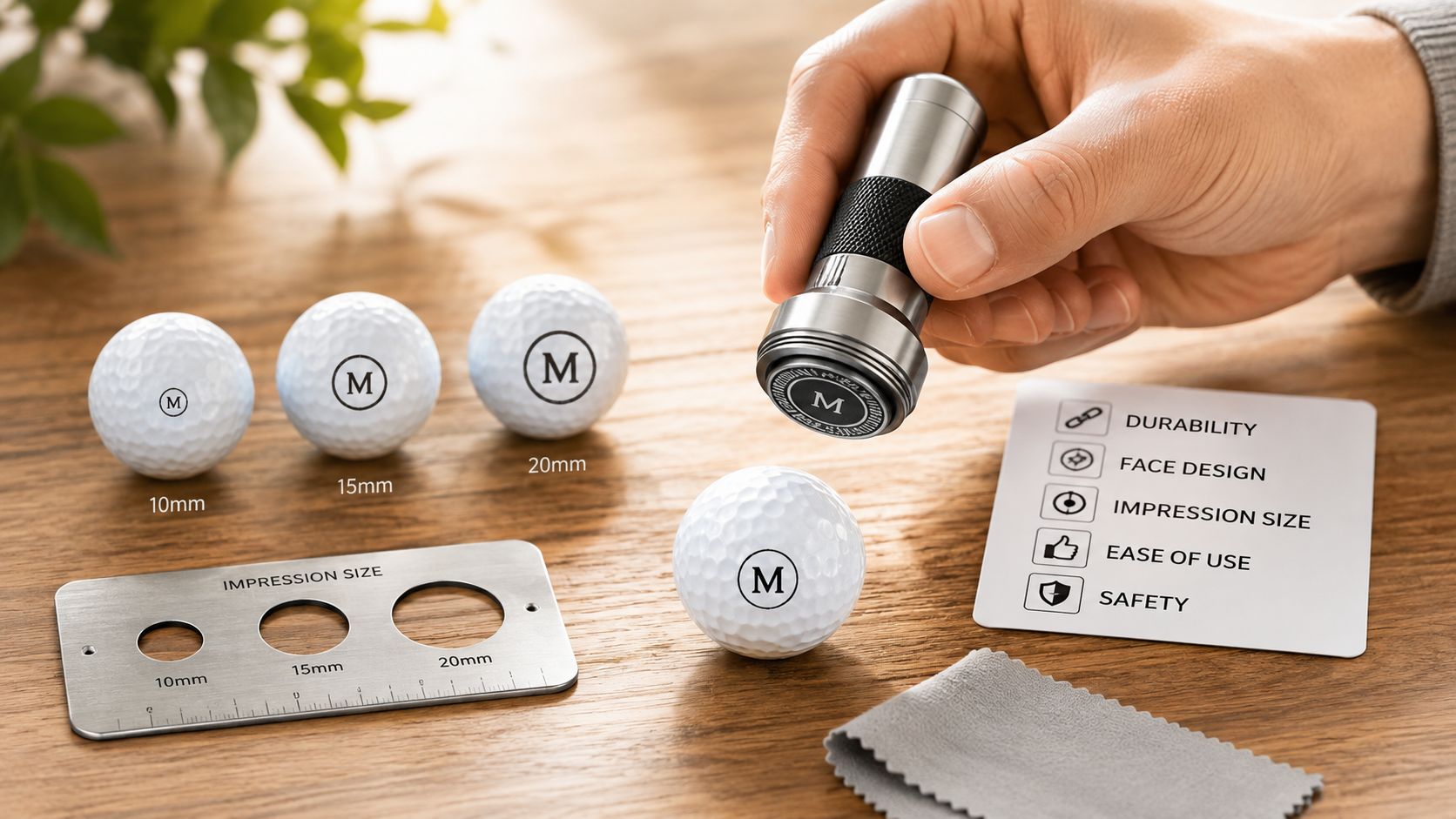 A hand using a professional metal golf ball stamper to mark a golf ball with the letter M.