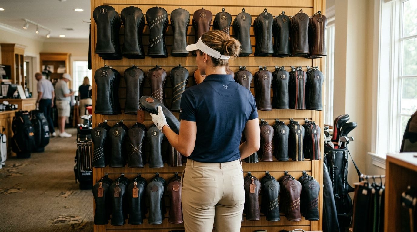A golfer examining a leather fairway wood headcover from a large wall display in a pro shop.