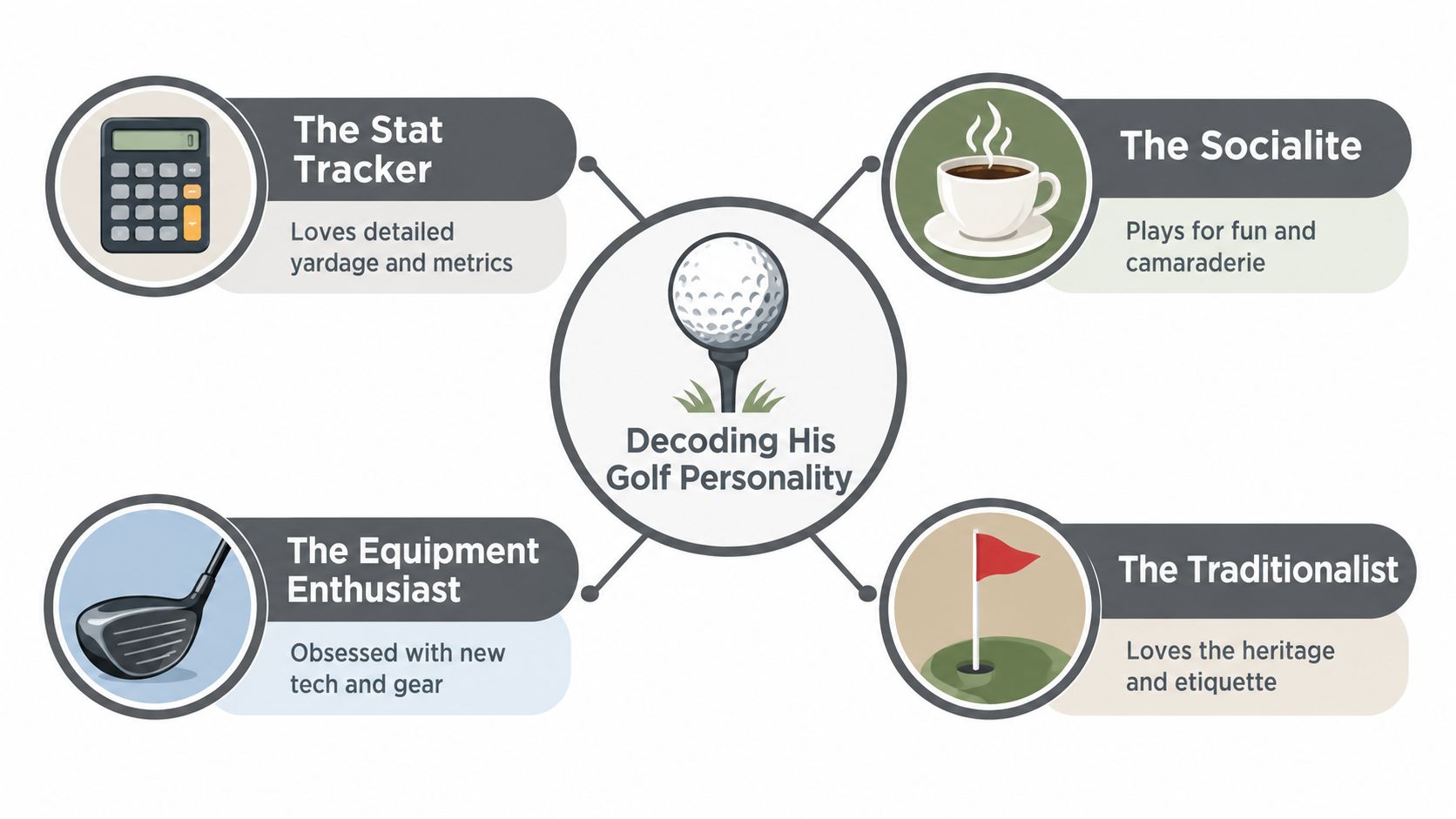 A graphic titled Decoding His Golf Personality, featuring four types of golfers: Stat Tracker, Socialite, Equipment Enthusiast, and Traditionalist.