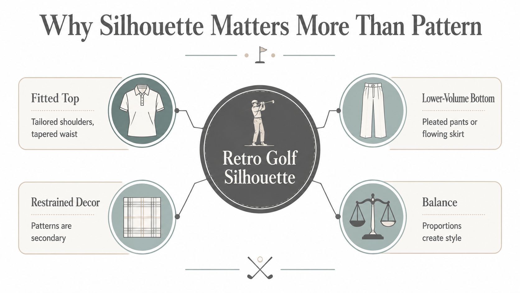 A infographic explaining how silhouette and proportions define the classic and timeless style of retro golf fashion.