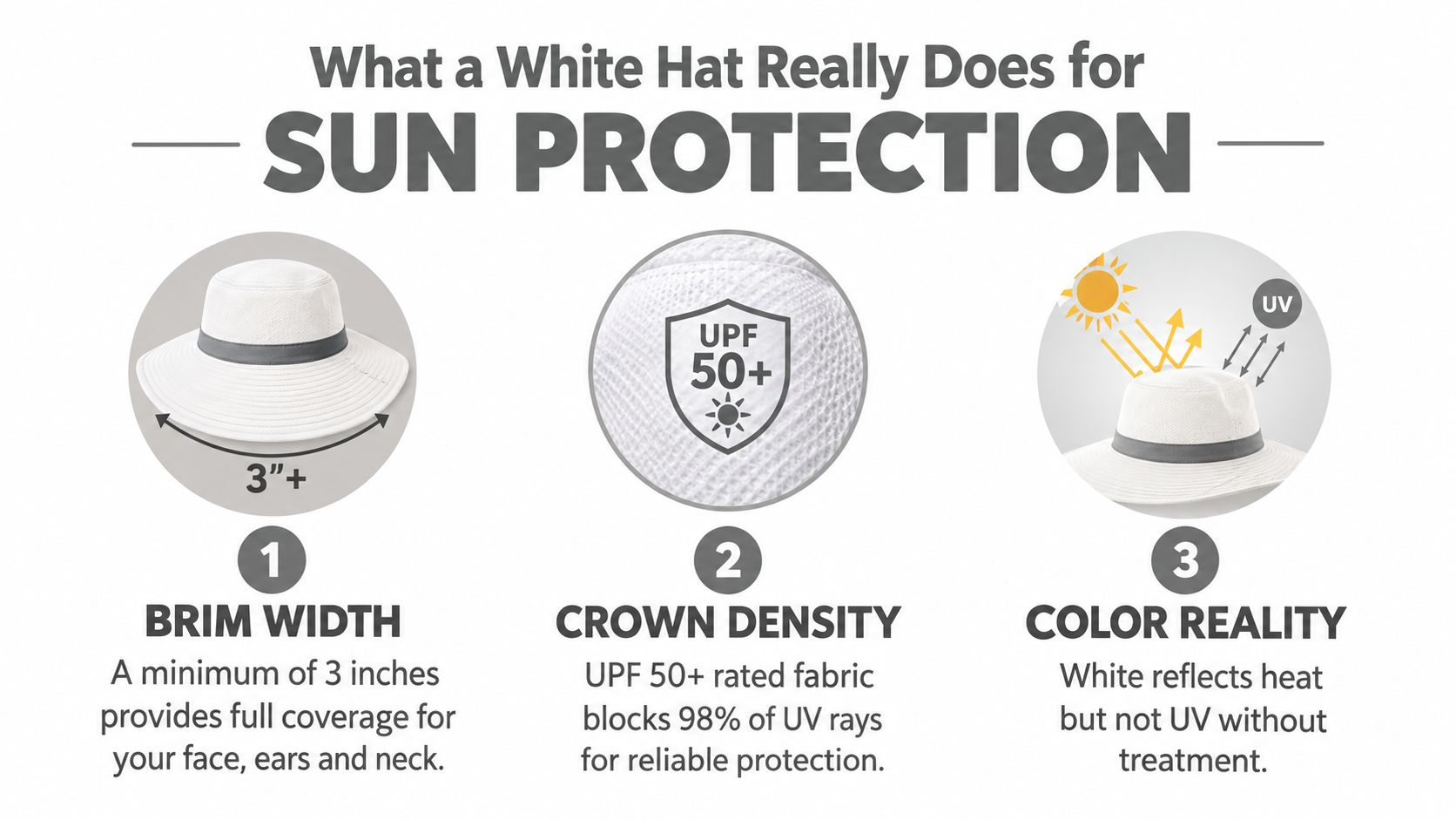 An infographic showing three essential features of a white hat for effective sun protection and skin health.