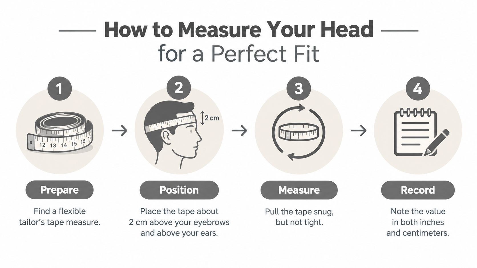 A four-step infographic showing how to properly measure head circumference for a hat using a tape measure.