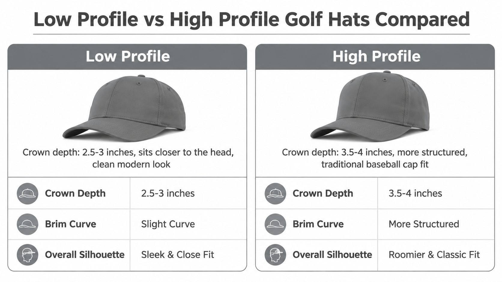 A comparison chart showing the differences between low profile and high profile golf hats in detail.