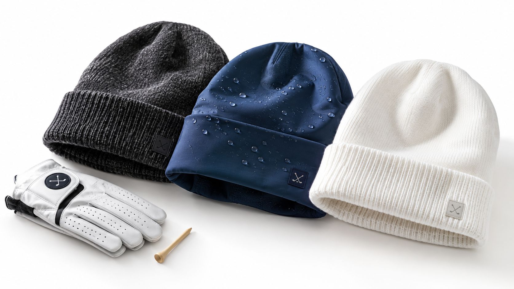 A charcoal gray beanie, a navy water-resistant beanie, a white knit beanie, a golf glove, and a tee.