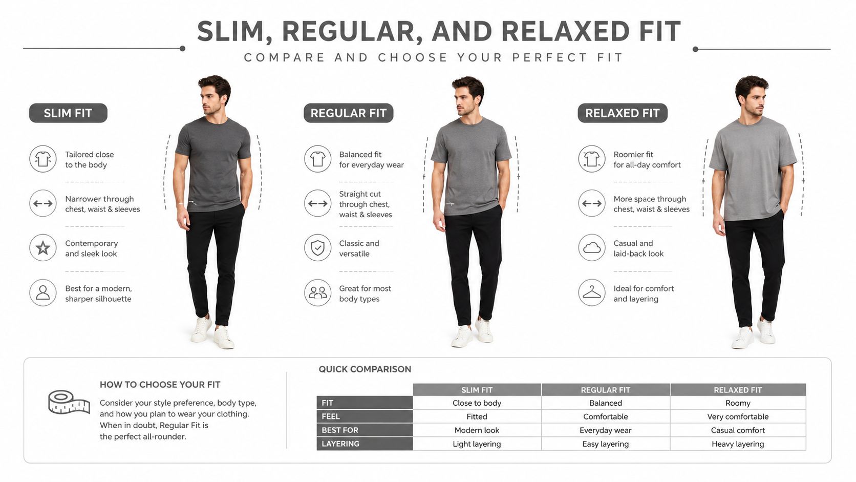 A comparison chart showing the differences between slim, regular, and relaxed fit men's t-shirts for better styling.