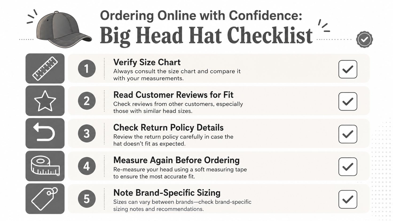 A five-step infographic guide for people with big heads on how to order hats online confidently.