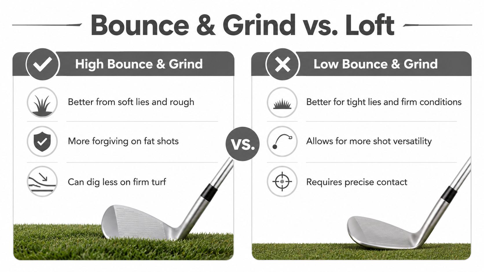 A comparative infographic explaining the differences between high bounce and low bounce golf wedge grinds.