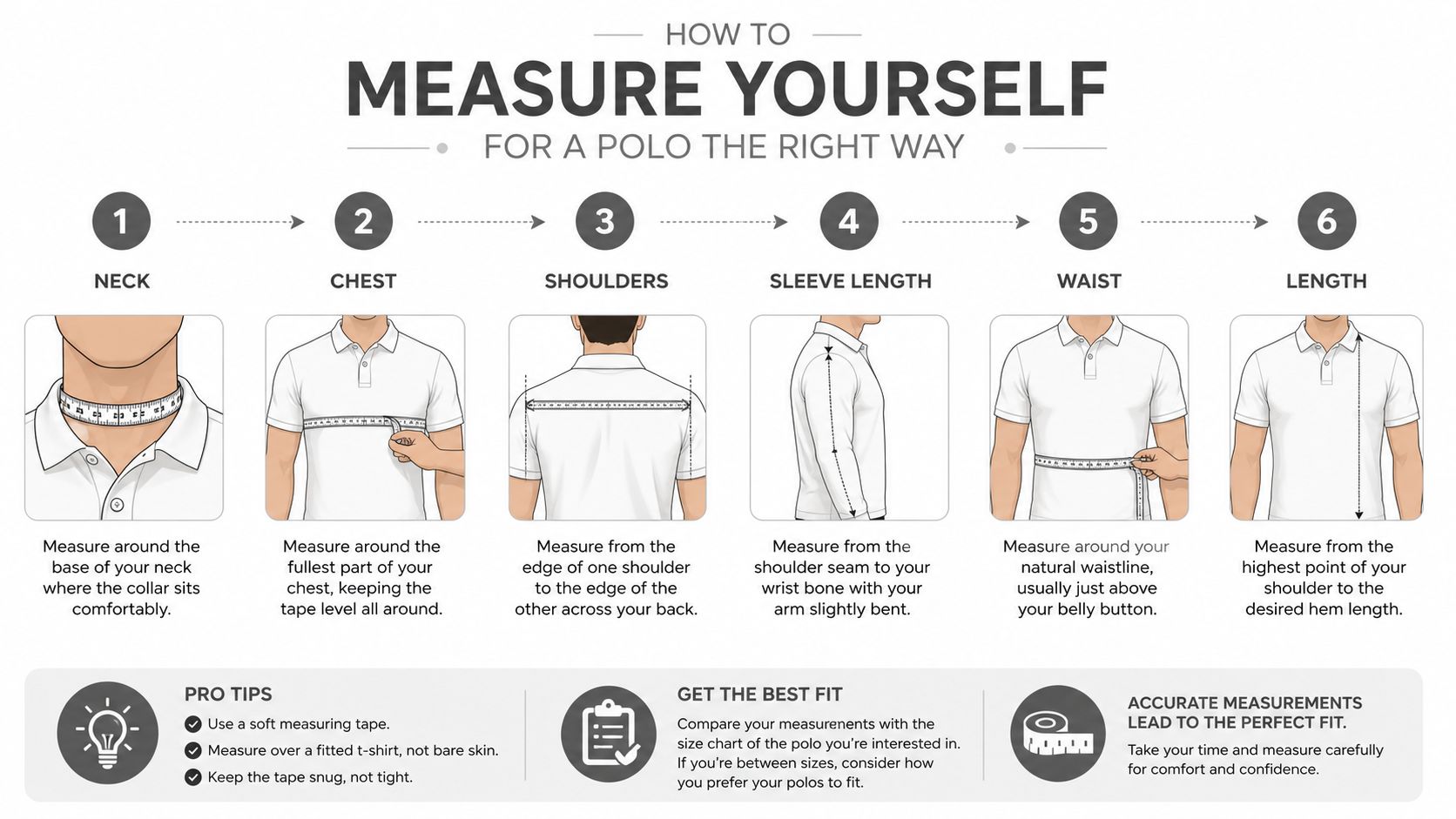 An instructional infographic detailing how to measure yourself correctly for a polo shirt across six body areas.