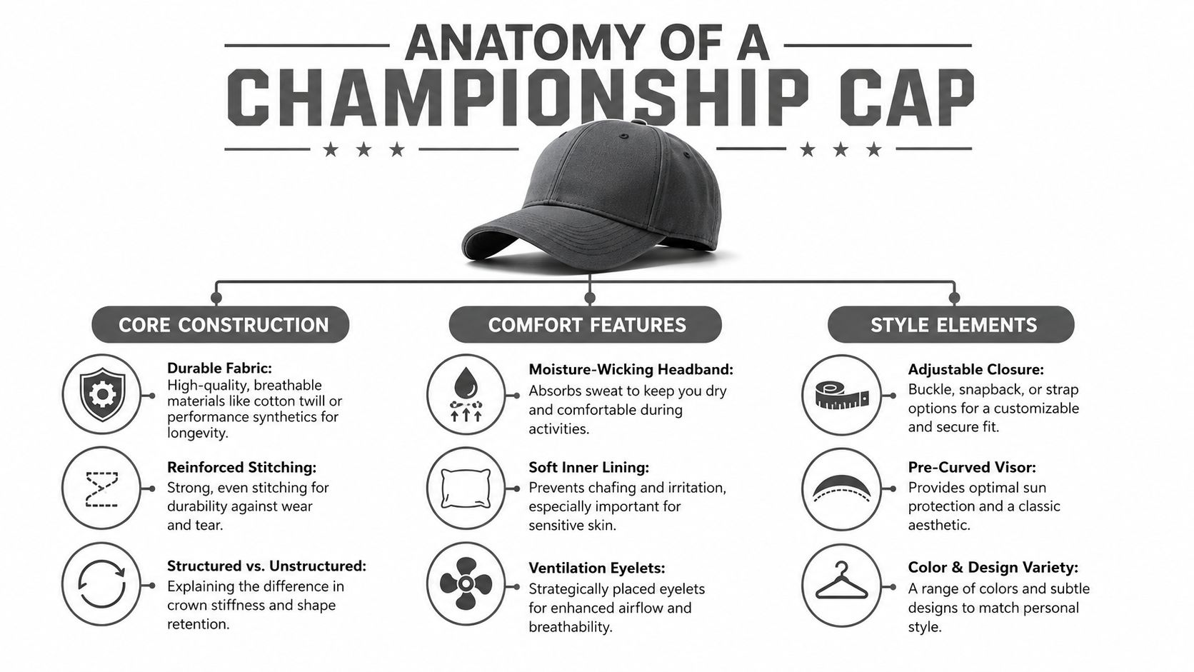 An infographic titled Anatomy of a Championship Cap detailing its core construction, comfort features, and style elements.