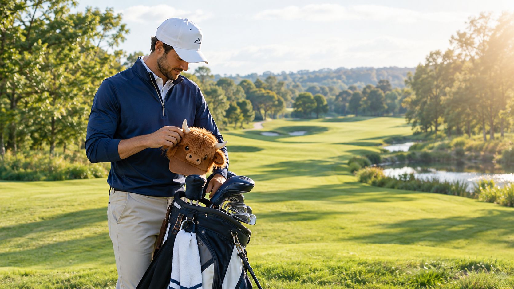 A golfer standing on a scenic course while adjusting a plush highland cow golf club headcover.