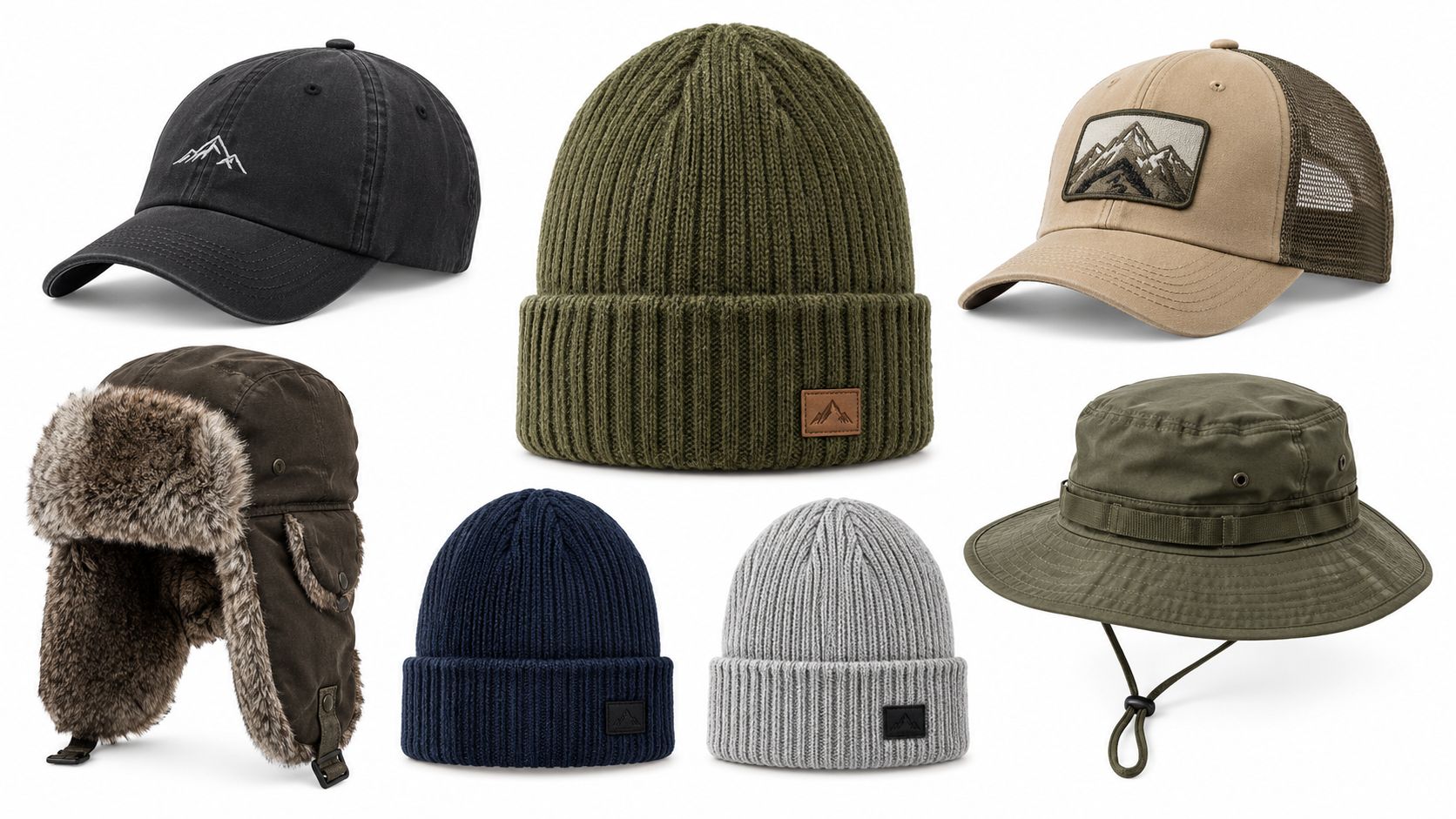 A collection of various outdoor hats including beanies, a baseball cap, a trucker hat, and a bucket hat.