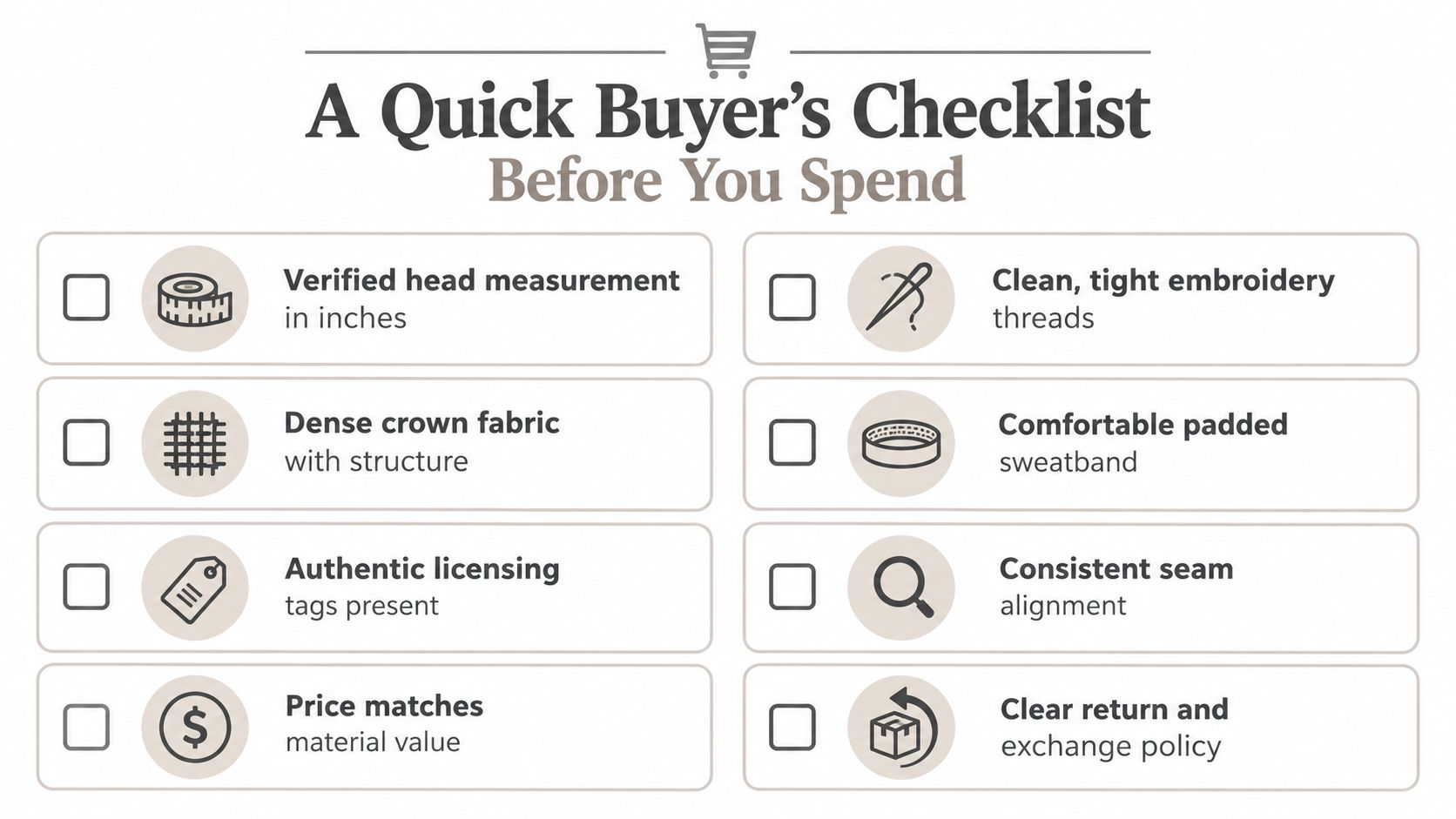 A checklist titled A Quick Buyer's Checklist Before You Spend containing eight criteria for purchasing quality hats.