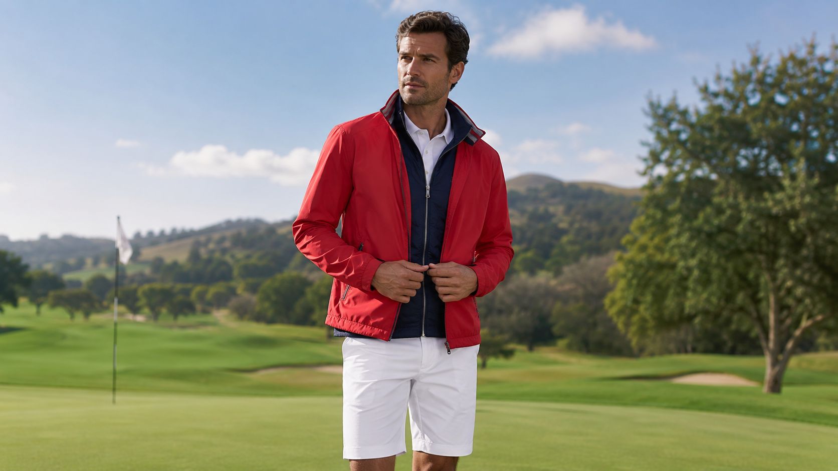 A professional golfer standing on a lush green golf course wearing a red jacket and white shorts.