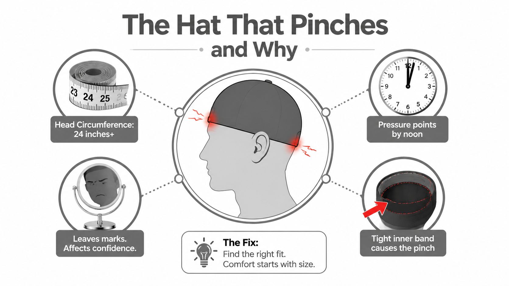 An infographic illustrating why hats cause discomfort for larger head sizes, highlighting pressure points and fit issues.