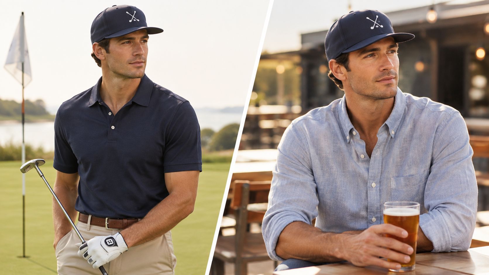 A man wearing a five-panel golf hat on a golf course and again at a casual outdoor restaurant.