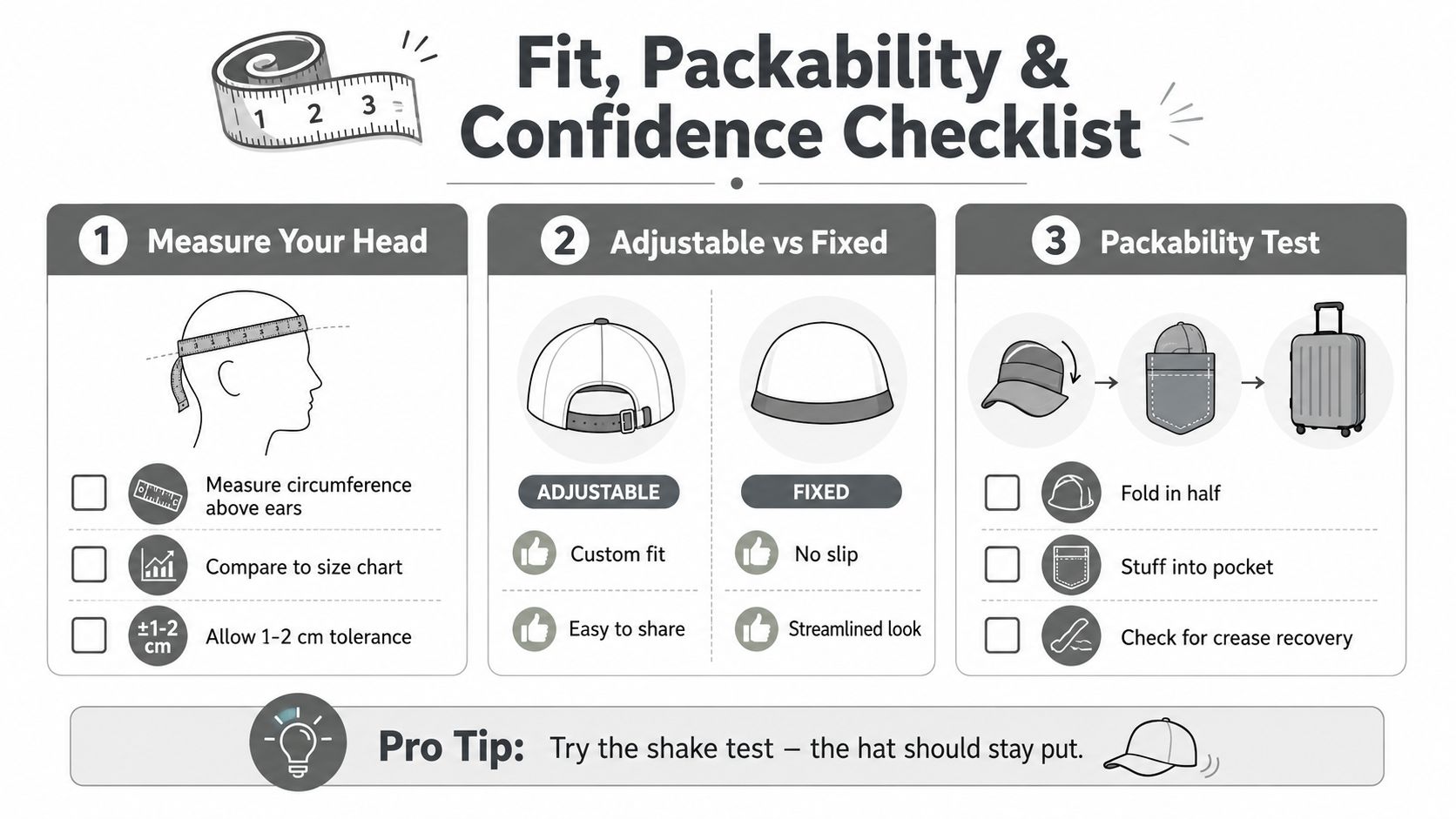An infographic checklist guiding users on measuring head size, choosing adjustable hats, and testing packability for travel.