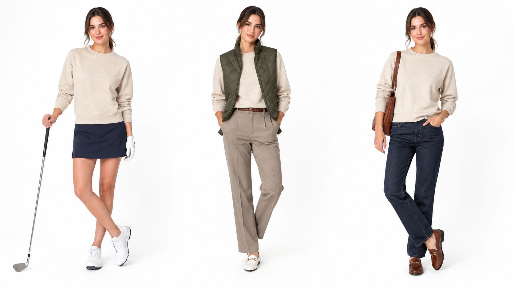 Three full-body shots of the same woman wearing a beige sweatshirt styled in different ways.