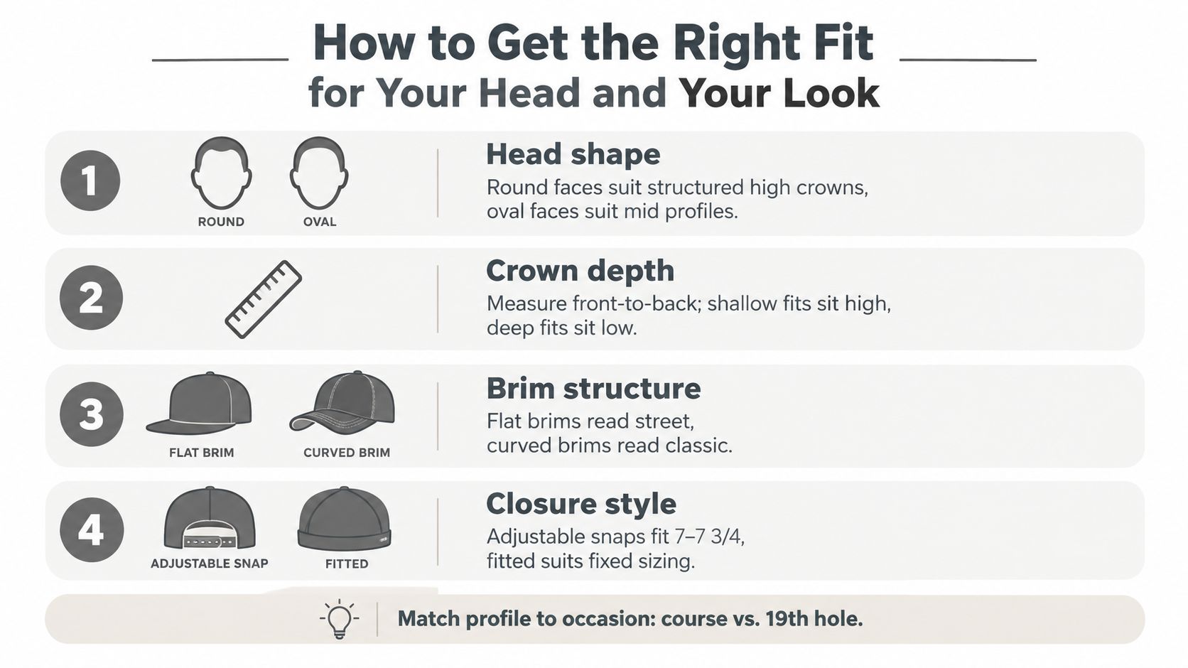 An infographic titled How to Get the Right Fit, detailing hat selection based on face shape, crown depth, brim, and closure.