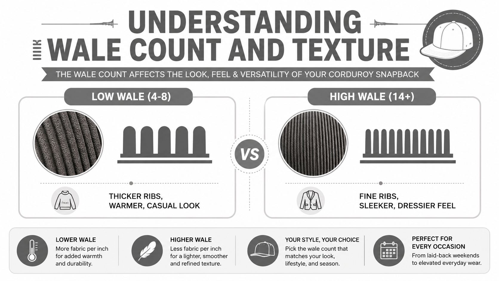 An infographic illustrating the difference between low wale and high wale fabric texture for corduroy snapback hats.