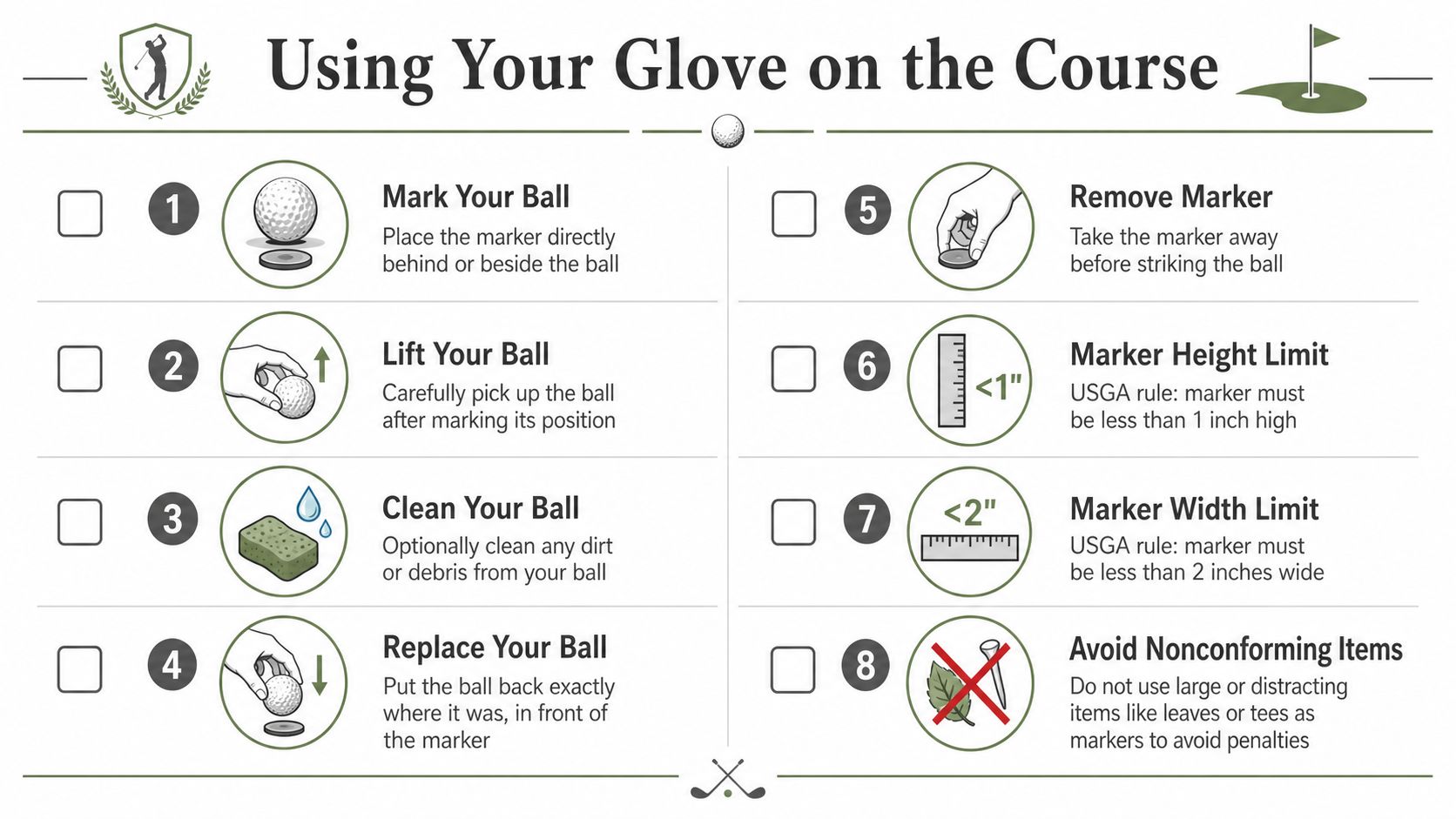 An instructional infographic demonstrating the eight official steps for using a golf ball marker correctly on the green.