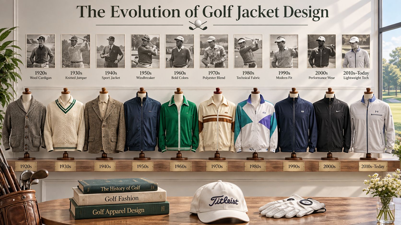 A display showing the historical evolution of men's golf jackets from the 1920s to present day.