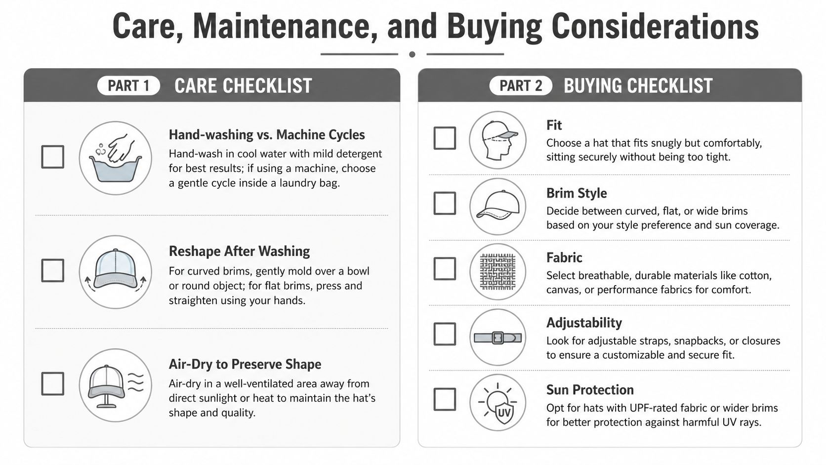 An infographic titled Care, Maintenance, and Buying Considerations for hats, featuring checklists for washing and choosing.