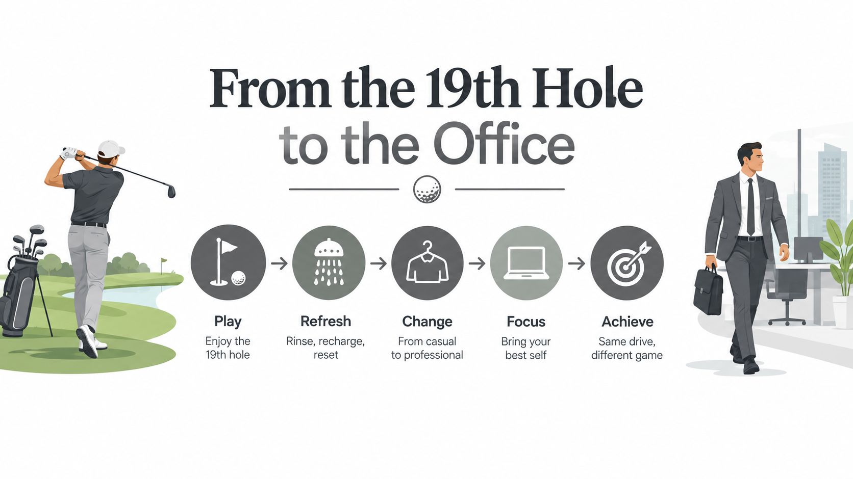 A professional transitioning from golf course leisure to an office environment through a five-step daily routine process.