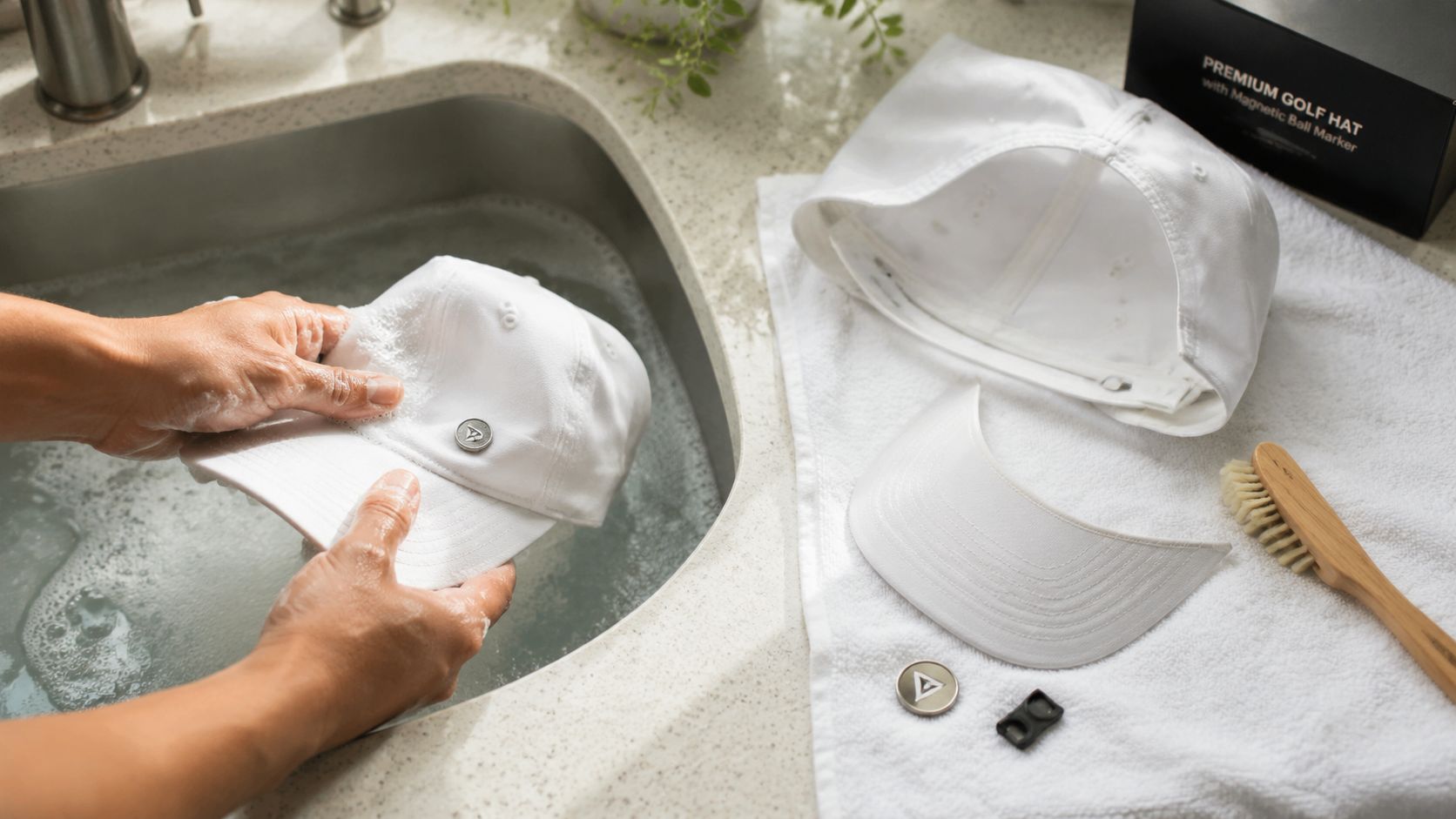 A person hand-washing a white golf hat with a magnetic ball marker in a kitchen sink.