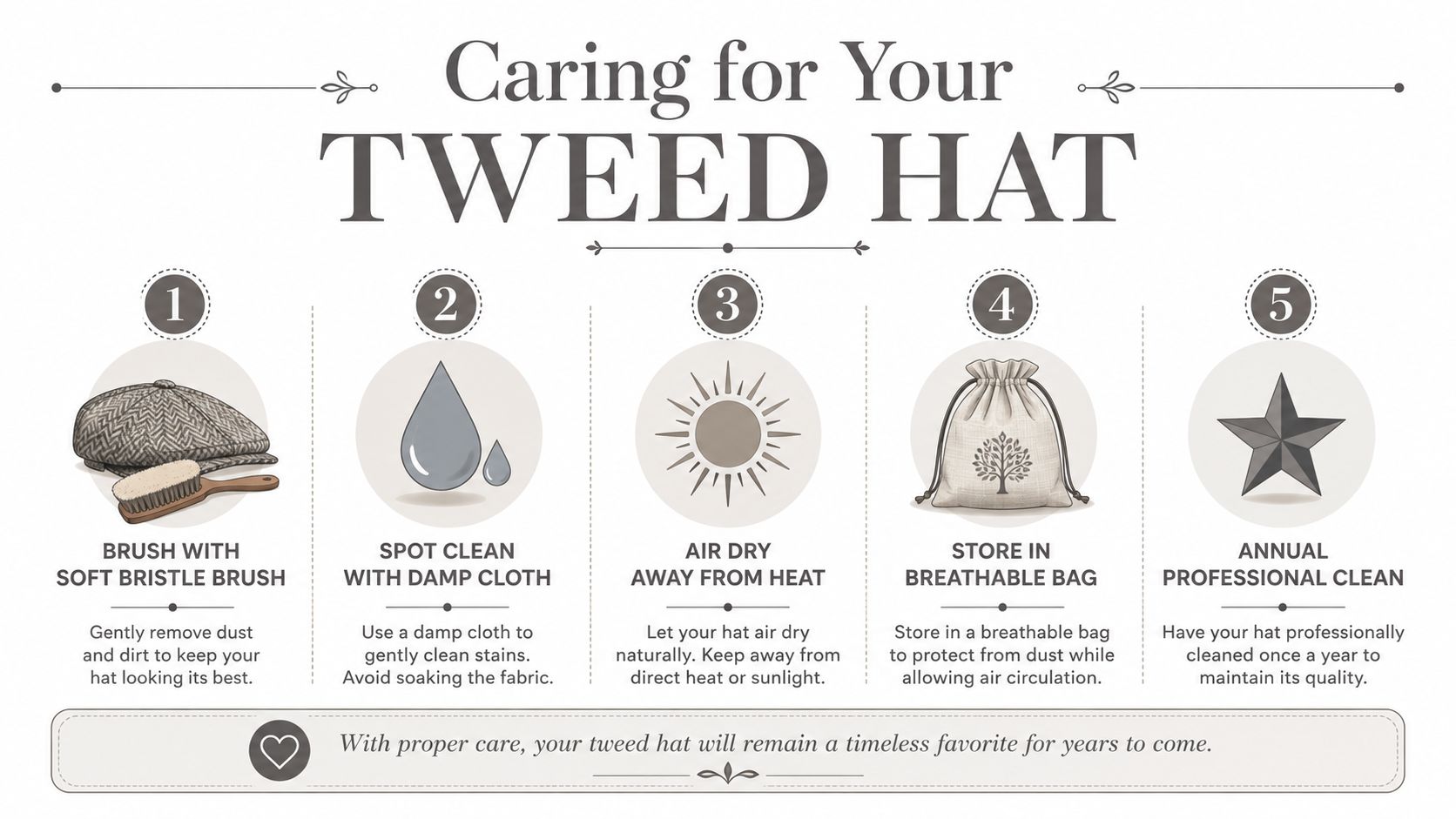 An infographic titled Caring for Your Tweed Hat, illustrating five essential steps for maintaining a tweed hat.