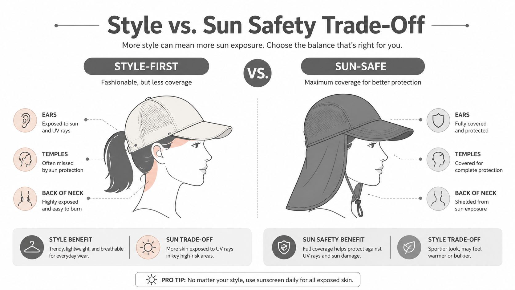 An infographic comparing a stylish baseball cap to a sun-protective hat with a neck flap.