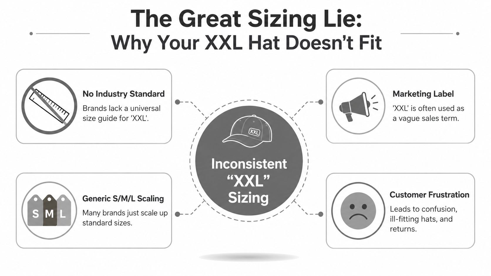 An infographic explaining the lack of standardized XXL hat sizing and why it causes customer frustration.