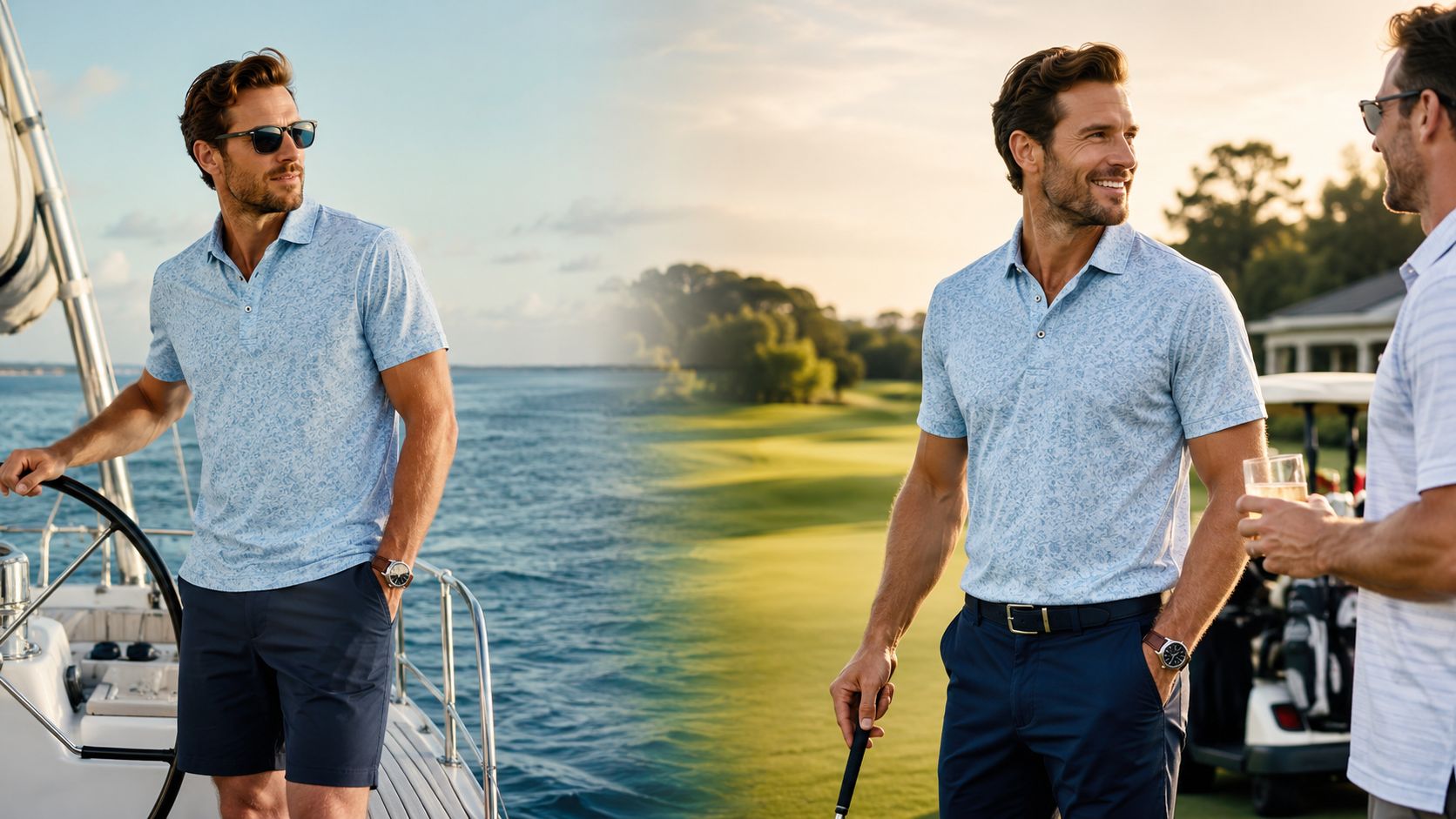 A split image showing a man in a light blue patterned polo shirt on a boat and golf course.