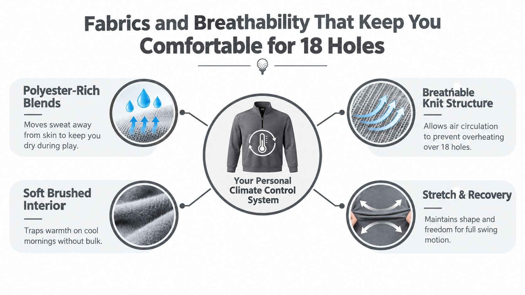 An infographic detailing the features of a comfortable grey golf sweatshirt, highlighting fabric technology and breathability.