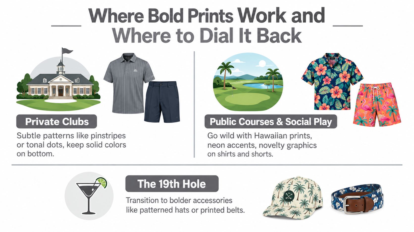 An infographic illustrating appropriate golf attire styles for private clubs, public courses, and social settings.