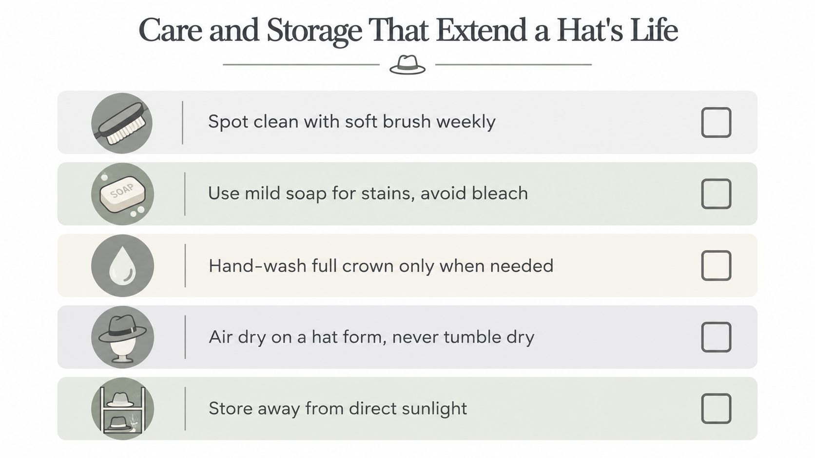 A checklist infographic illustrating tips for caring for and storing premium fitted hats properly.