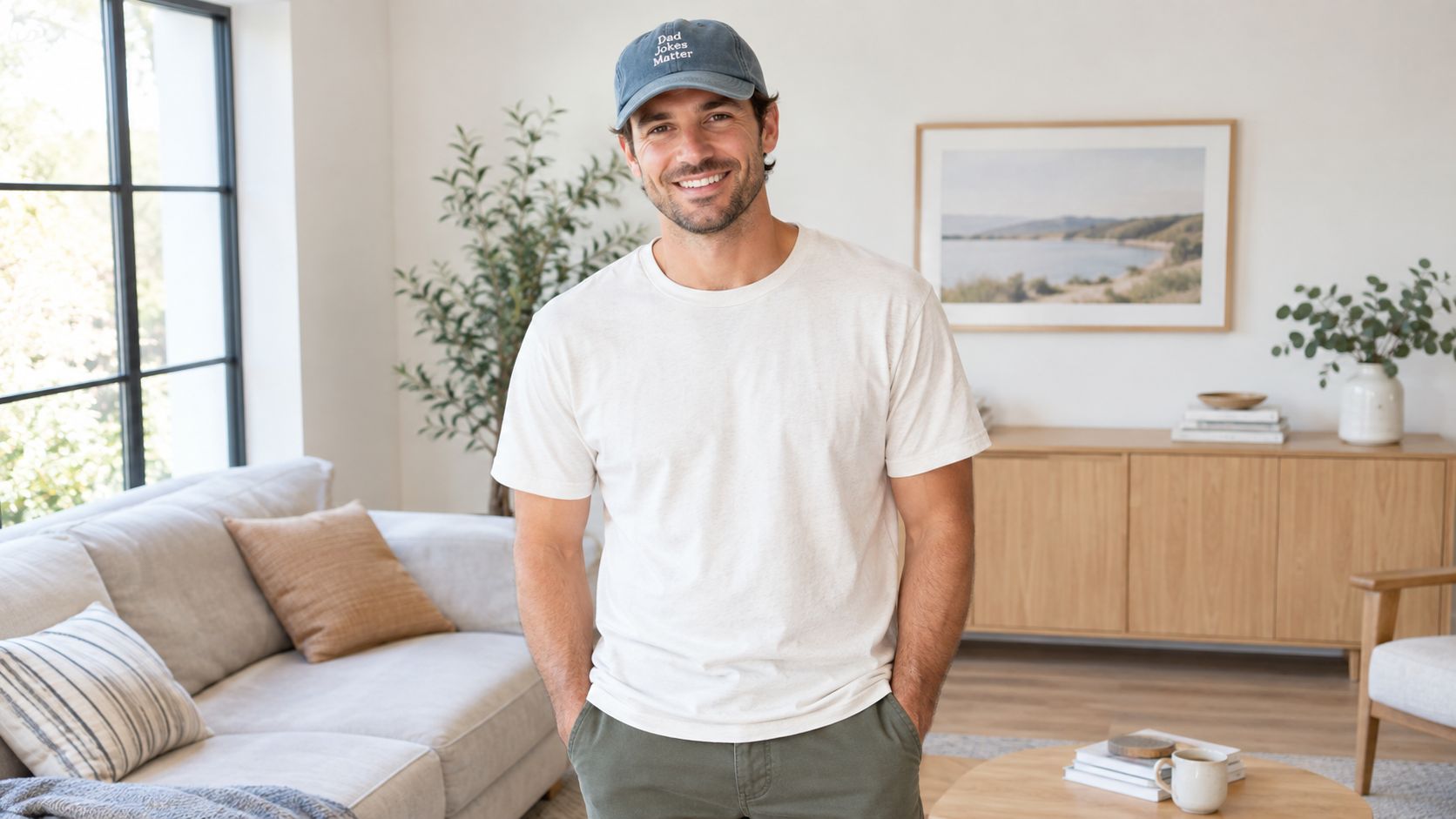 A smiling man wearing a blue cap with the text Dad Jokes Matter stands in a living room.