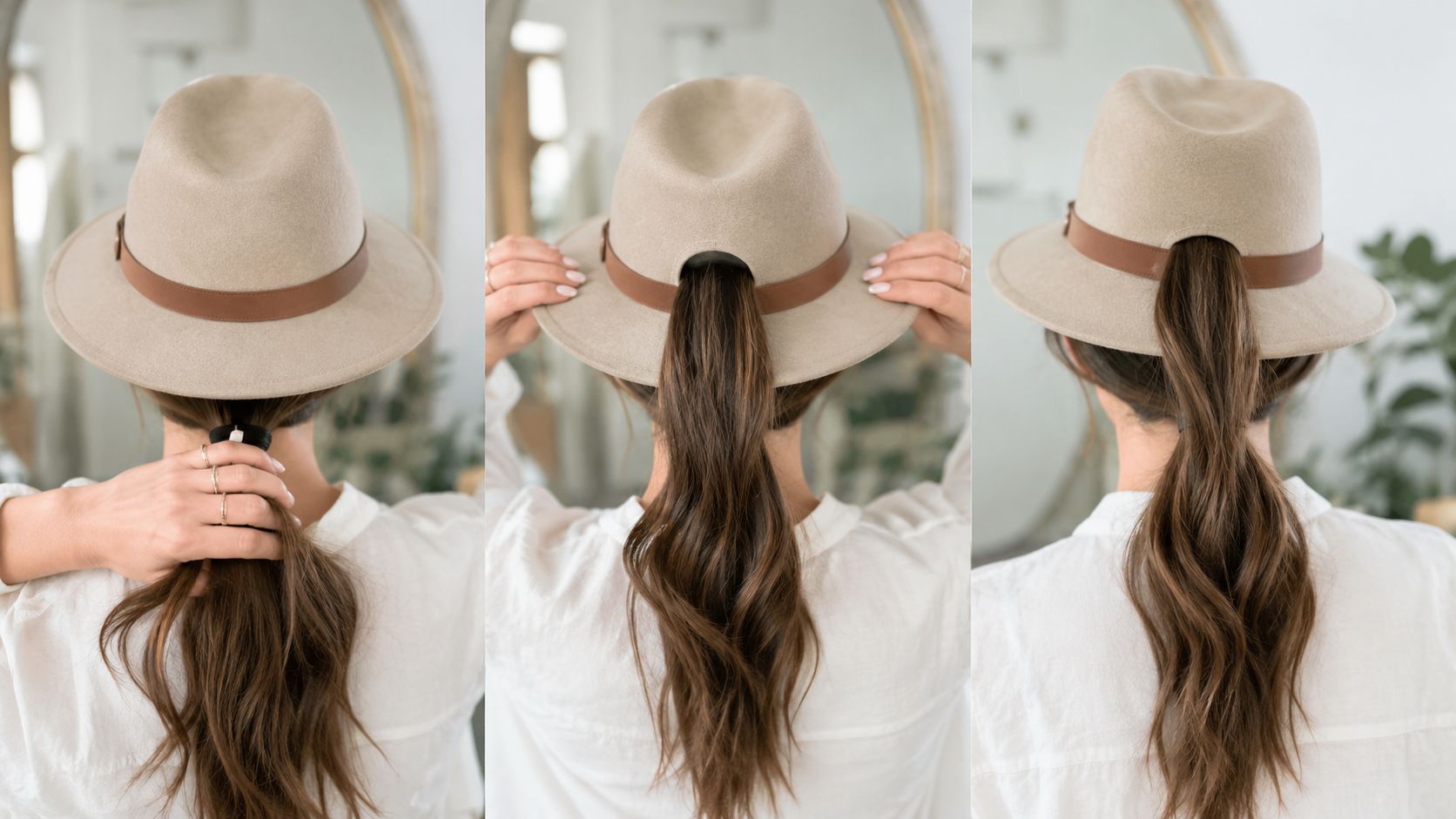 A woman demonstrating how to pull a ponytail through the back opening of a beige fedora hat.