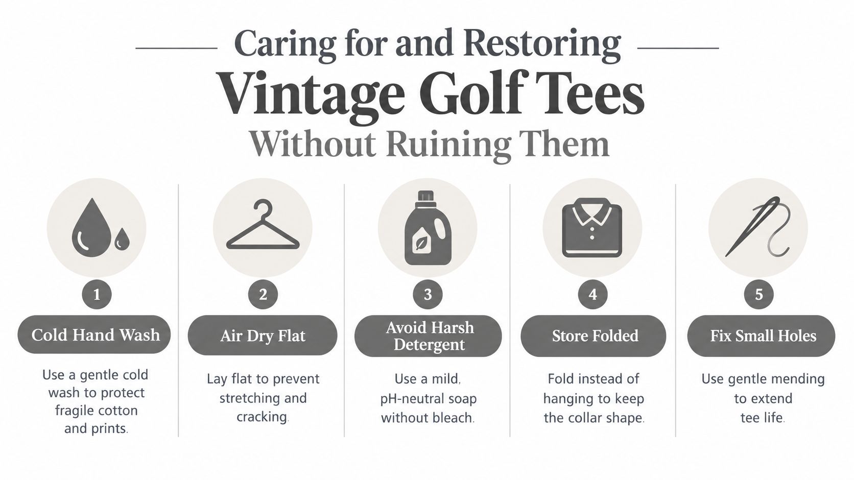 An infographic detailing five essential tips for caring for and restoring vintage golf t-shirts.