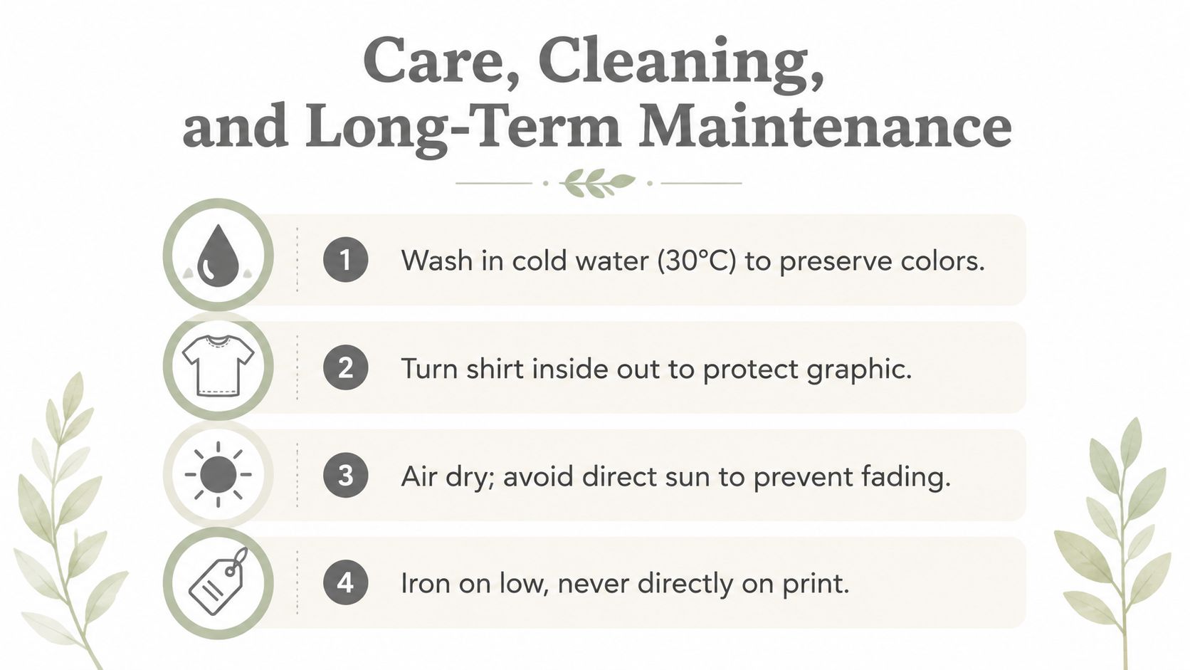 An infographic detailing care instructions for a garment including washing, drying, and ironing guidelines for maintenance.