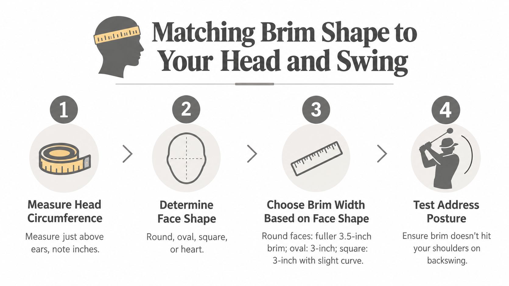 An infographic showing four steps to choose a golf hat brim based on head shape and swing.