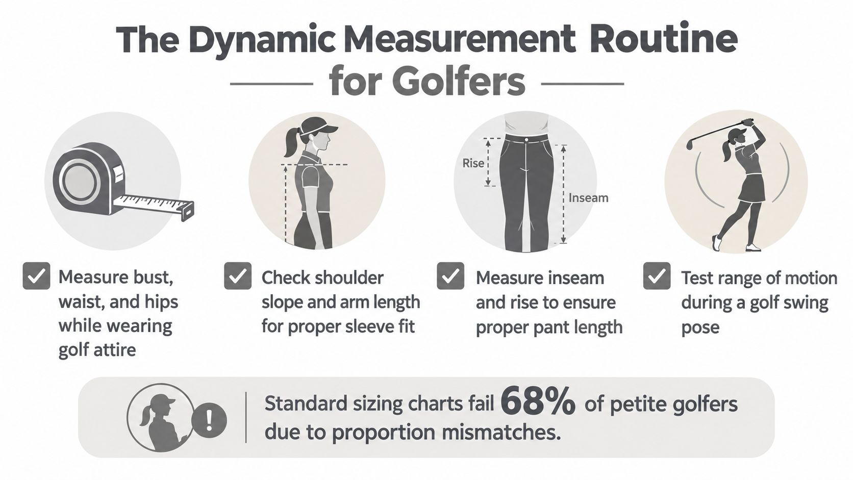 An infographic showing a four-step dynamic measurement routine for petite golfers to ensure proper clothing fit.
